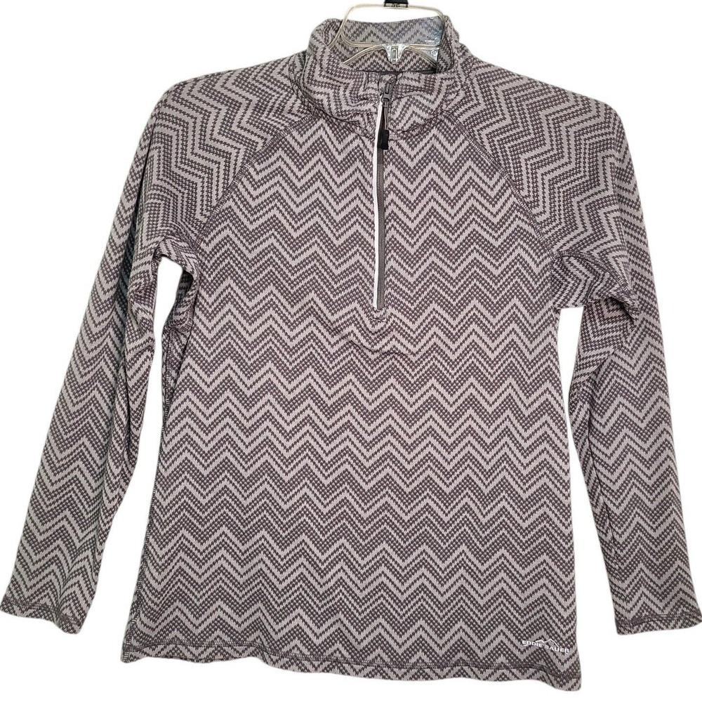 Eddie Bauer Womens Sz L Gray Chevron Striped Pullover Athletic Sweater Pockets